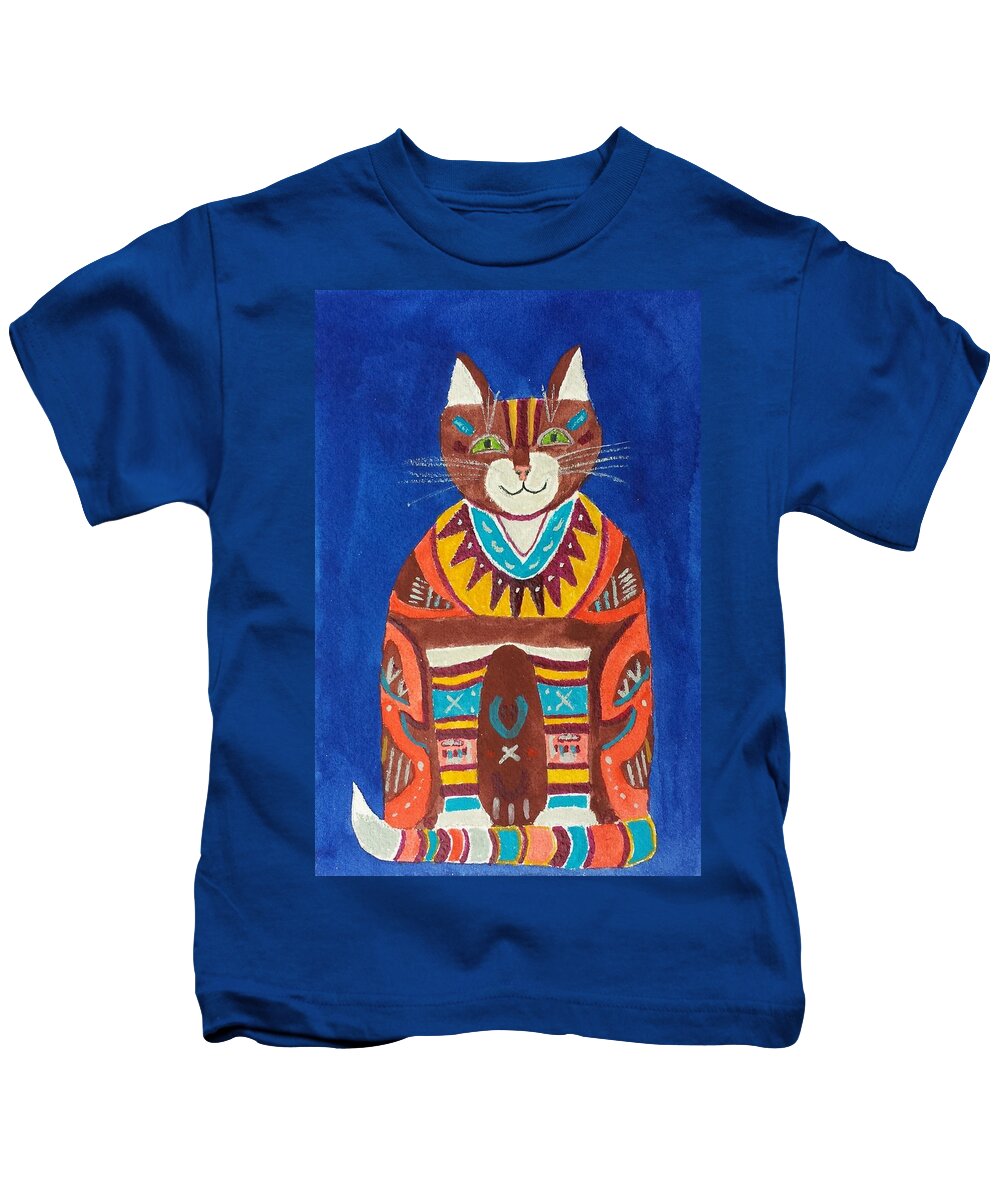Blue Kids T-Shirt featuring the painting Huey Cat by Vera Smith