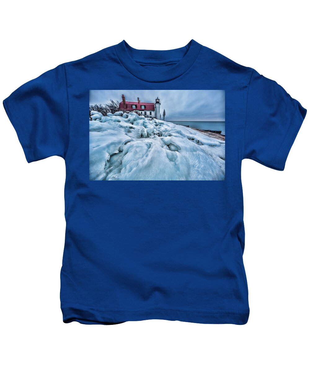 Point Betsie Lighsthouse Kids T-Shirt featuring the photograph Ice Cold by Joe Holley
