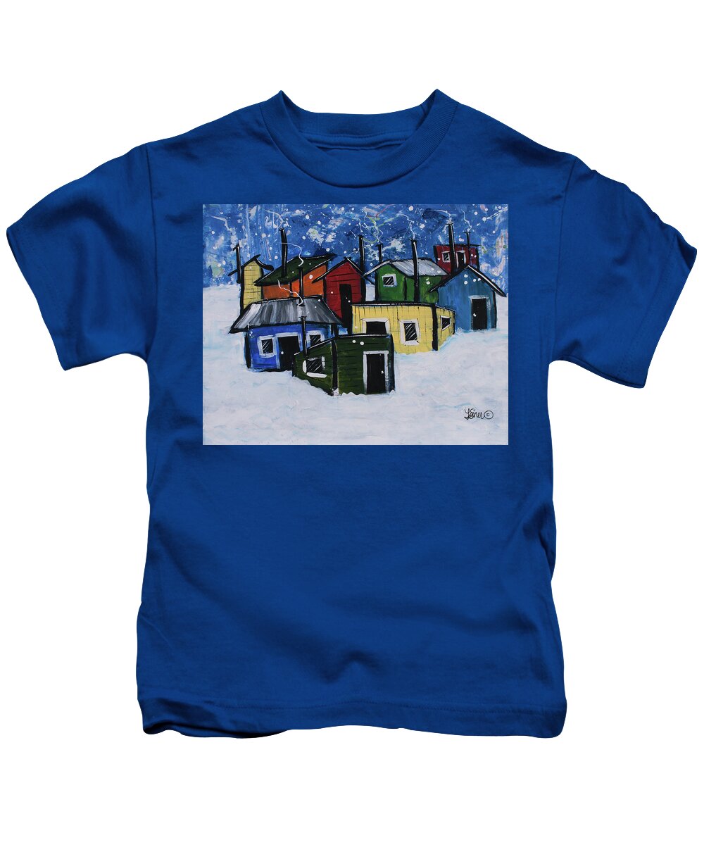 Ice Shanty Kids T-Shirt featuring the painting Ice Shantys by Terri Einer