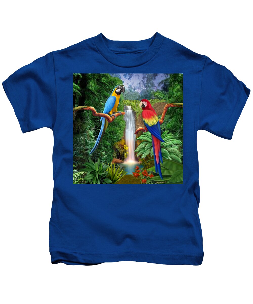 Macaw Tropical Parrots Kids T-Shirt featuring the digital art Macaw Tropical Parrots by Glenn Holbrook