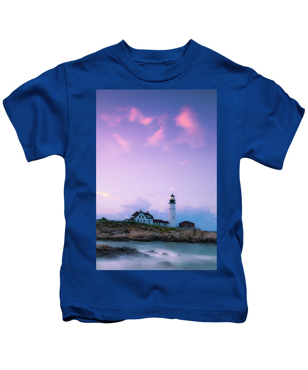 Maine Kids T-Shirt featuring the photograph Maine Portland Headlight Lighthouse in Blue Hour by Ranjay Mitra