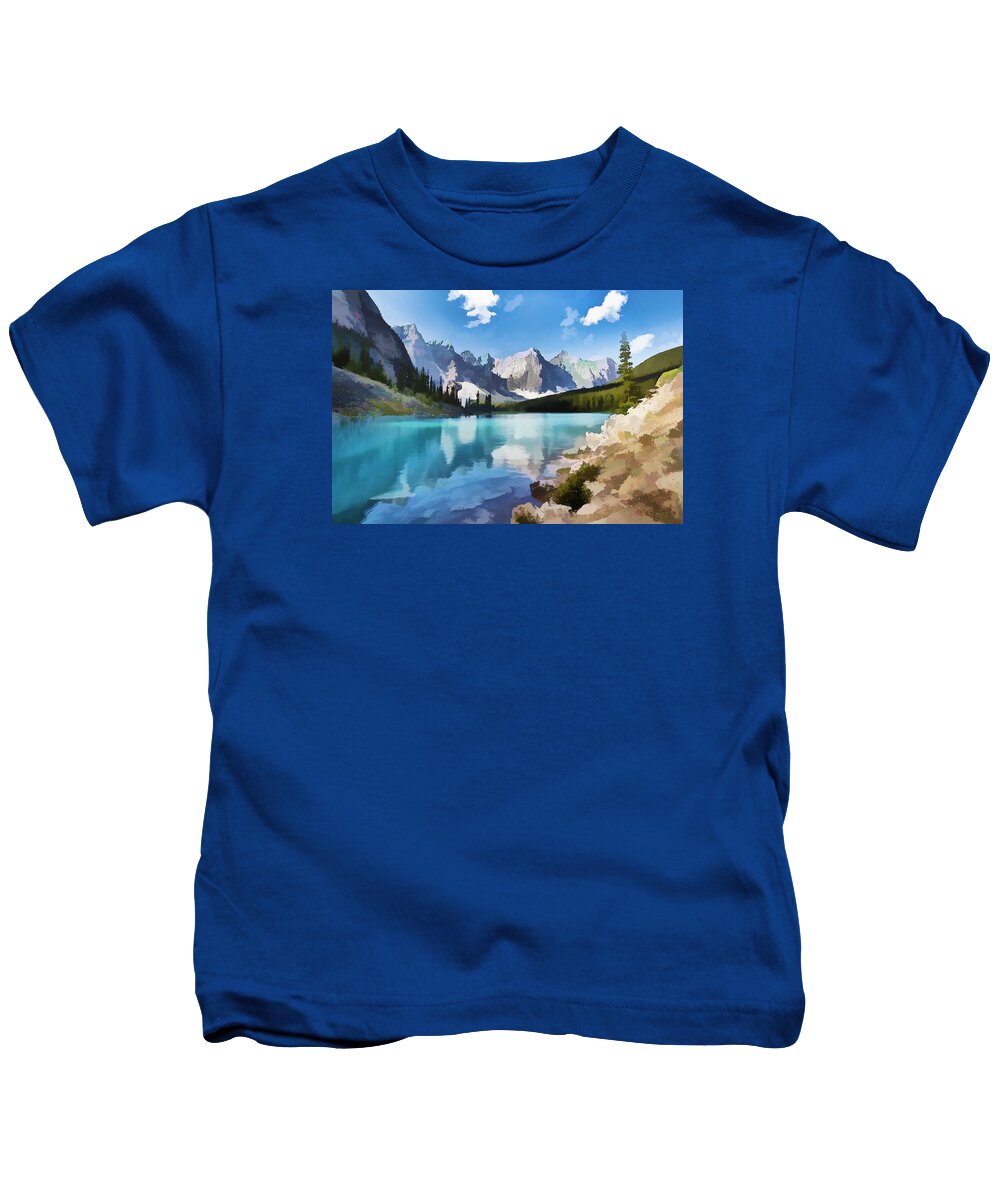 Park Kids T-Shirt featuring the painting Moraine Lake at Banff National Park by Jeelan Clark