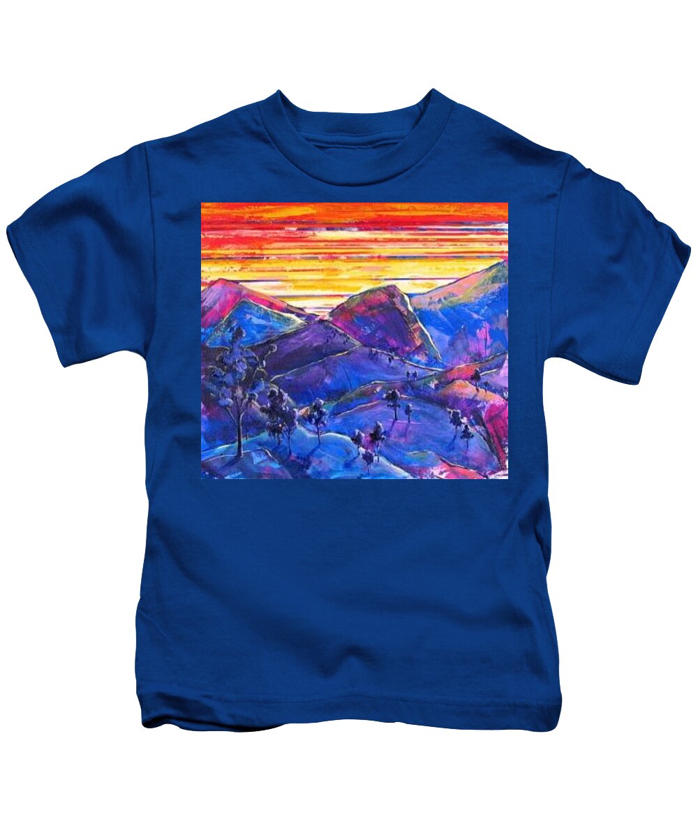 Mountains Kids T-Shirt featuring the painting Mountainscape Blue by Rollin Kocsis