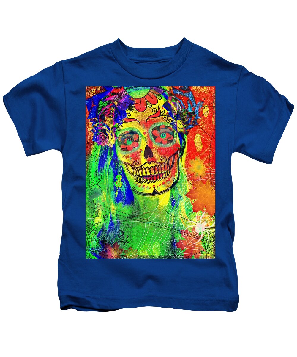 Neon Colors Skull Kids T-Shirt featuring the digital art Mujer Muerte by Pamela Smale Williams