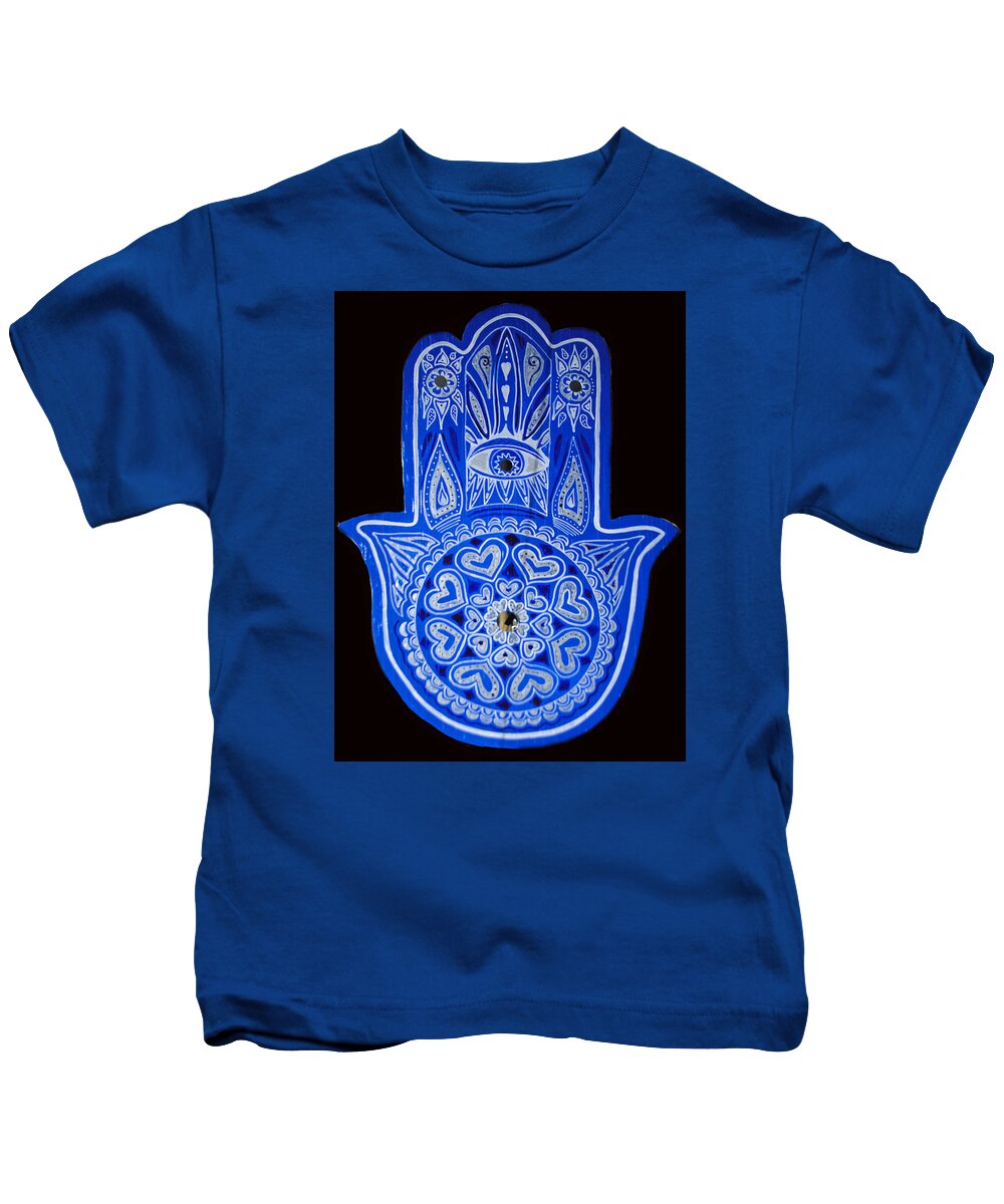 Blue Hamsa Kids T-Shirt featuring the painting My Blue Hamsa by Patricia Arroyo