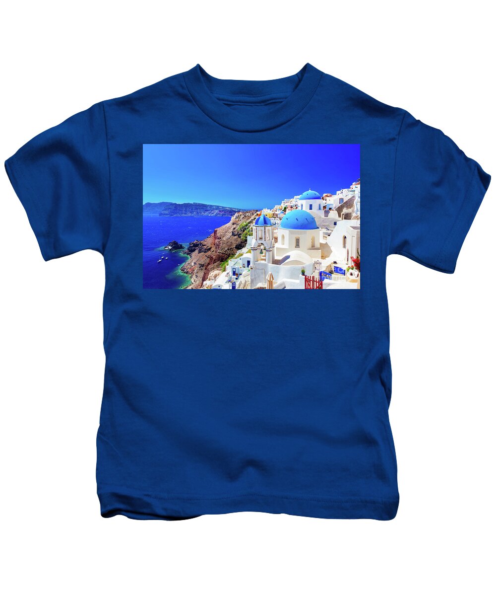 Santorini Kids T-Shirt featuring the photograph Oia town on Santorini island, Greece. Caldera on Aegean sea. by Michal Bednarek