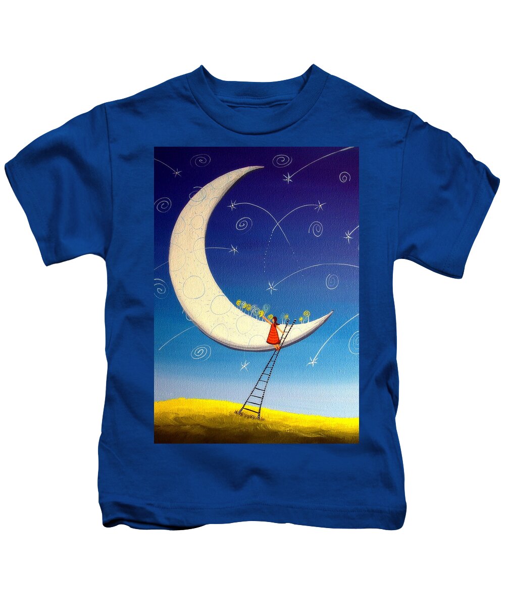 Art Kids T-Shirt featuring the painting Picking Moon Flowers - whimsical landscape by Debbie Criswell