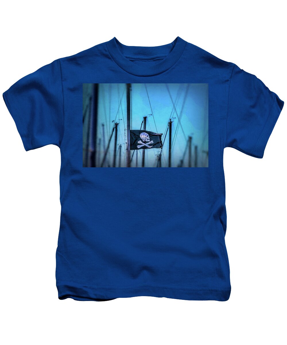 Pirate Flag Skull Cross Bones Kids T-Shirt featuring the photograph Pirate Flag Among Masts by Garry Gay