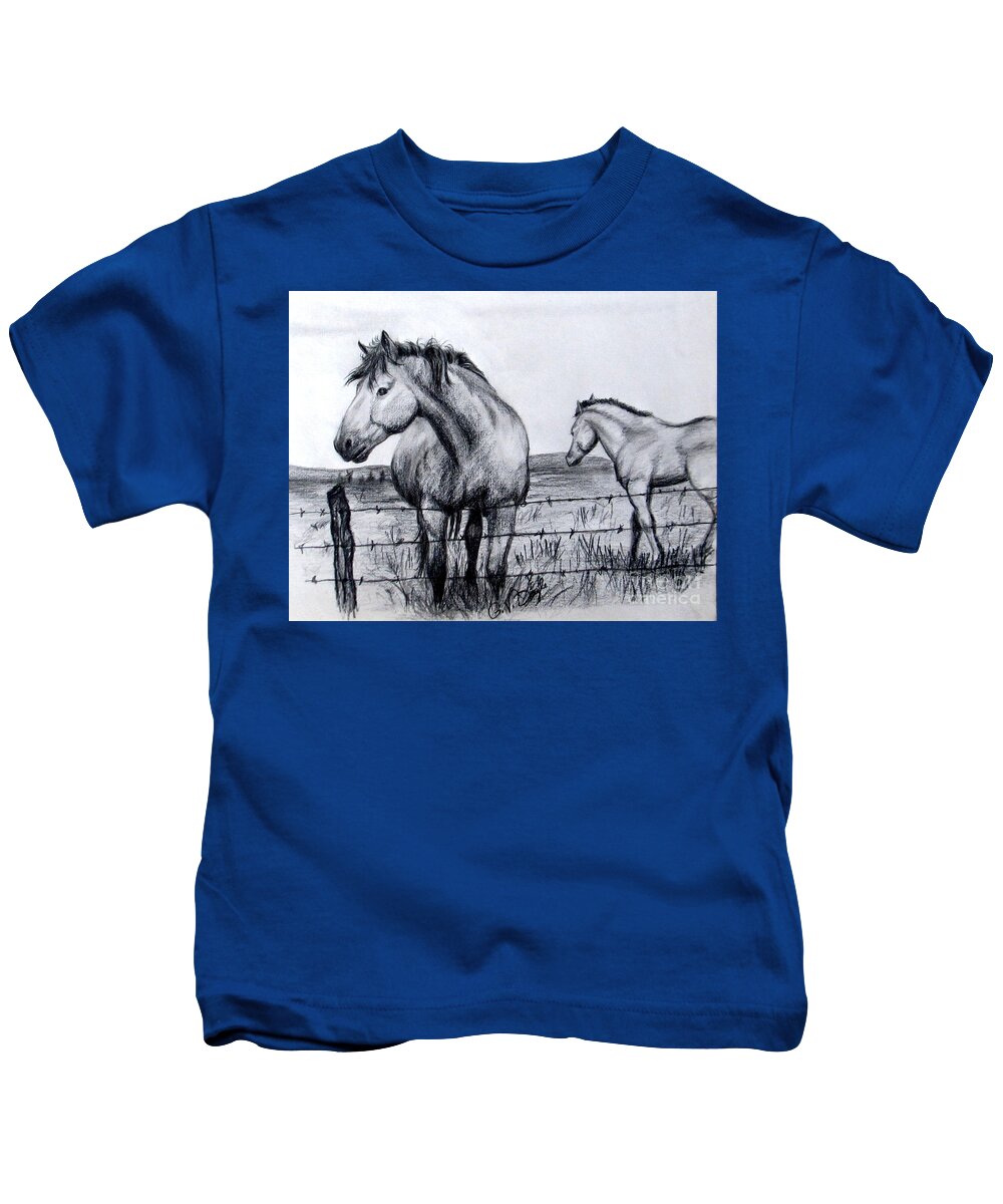 Horse Kids T-Shirt featuring the drawing Ponder Texas Horses by Georgia Doyle