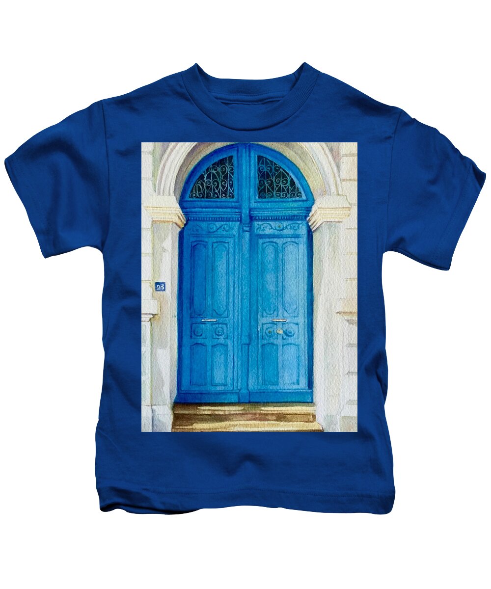 Porte Kids T-Shirt featuring the painting Porte Bleue de l'Ancien Notaire by Francoise Chauray