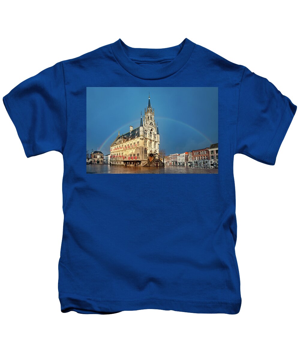 Gouda Kids T-Shirt featuring the photograph Rainbow over Town Hall Gouda by Casper Cammeraat