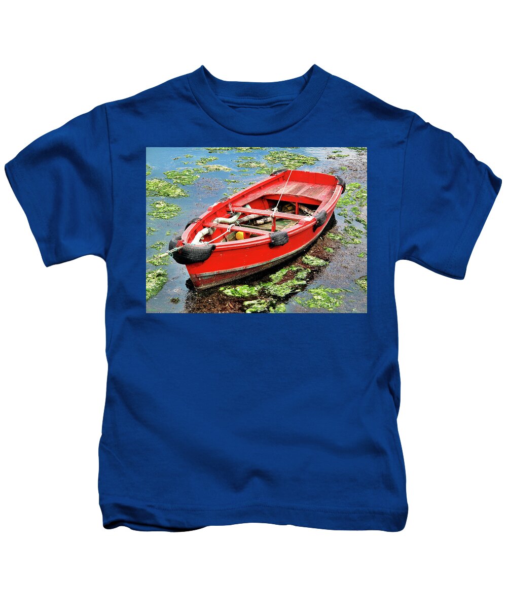 Row Boat Kids T-Shirt featuring the photograph Red Boat, Green Algae by Martine Murphy