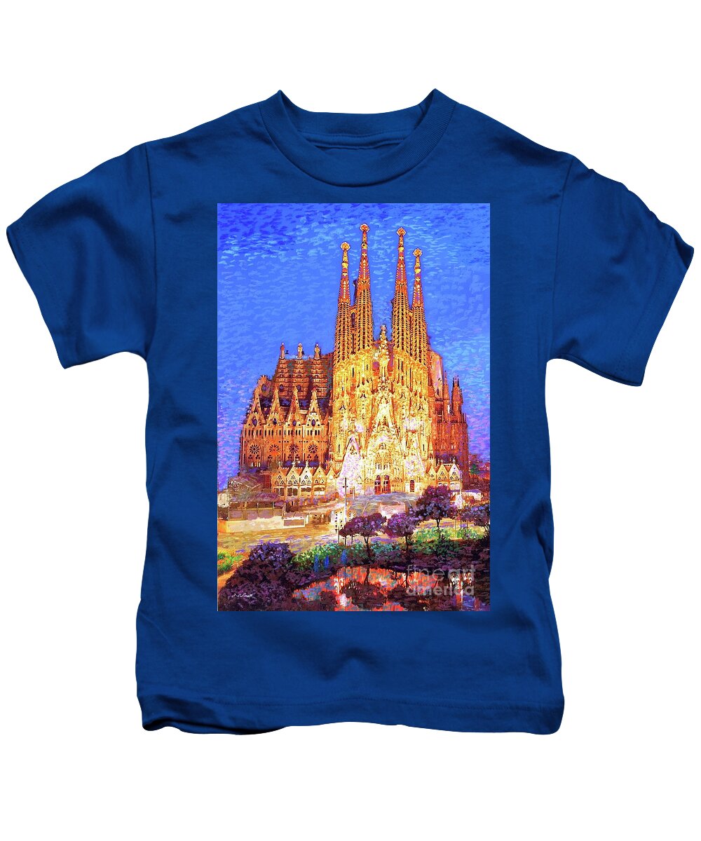 Spain Kids T-Shirt featuring the painting Sagrada Familia at Night by Jane Small
