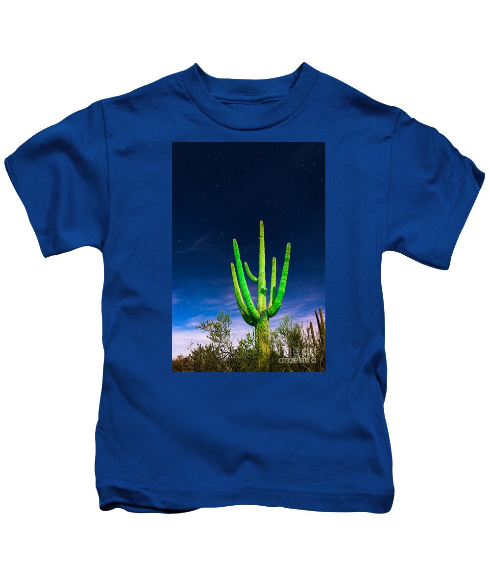 Arizona Kids T-Shirt featuring the photograph Saguaro Cactus Against Star Filled Sky by Bryan Mullennix
