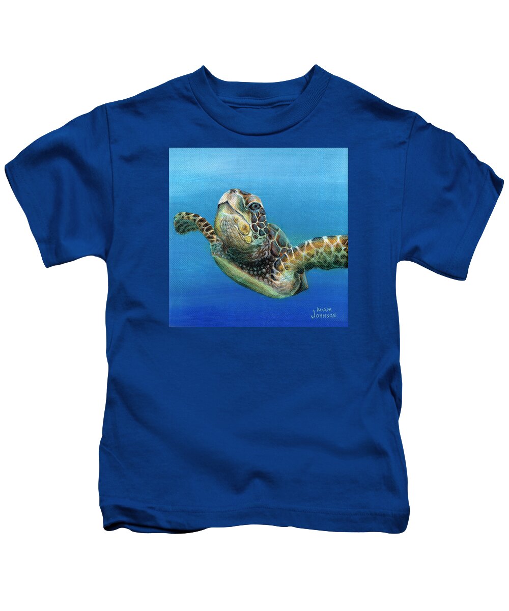 Triptych Kids T-Shirt featuring the painting Sea Turtle 3 of 3 by Adam Johnson