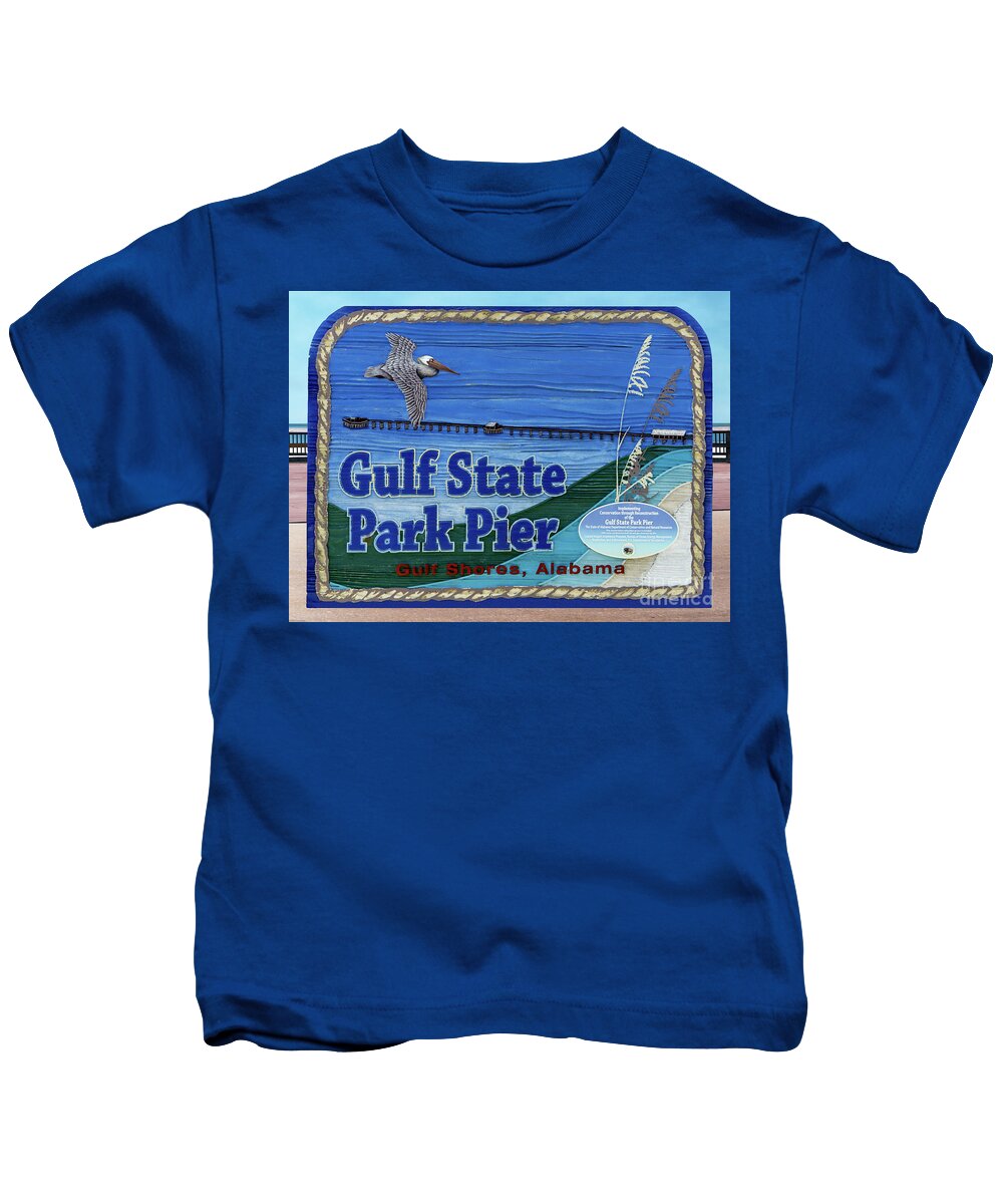 2017 Kids T-Shirt featuring the photograph Sign Gulf Shores State Park Pier Al 1604a by Ricardos Creations