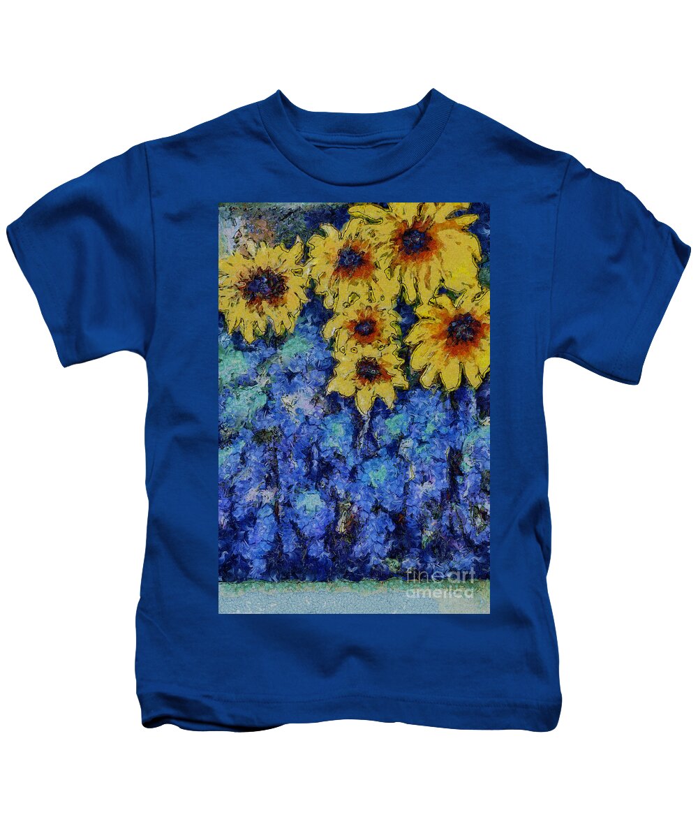 Sunflowers Kids T-Shirt featuring the photograph Six Sunflowers on Blue by Claire Bull