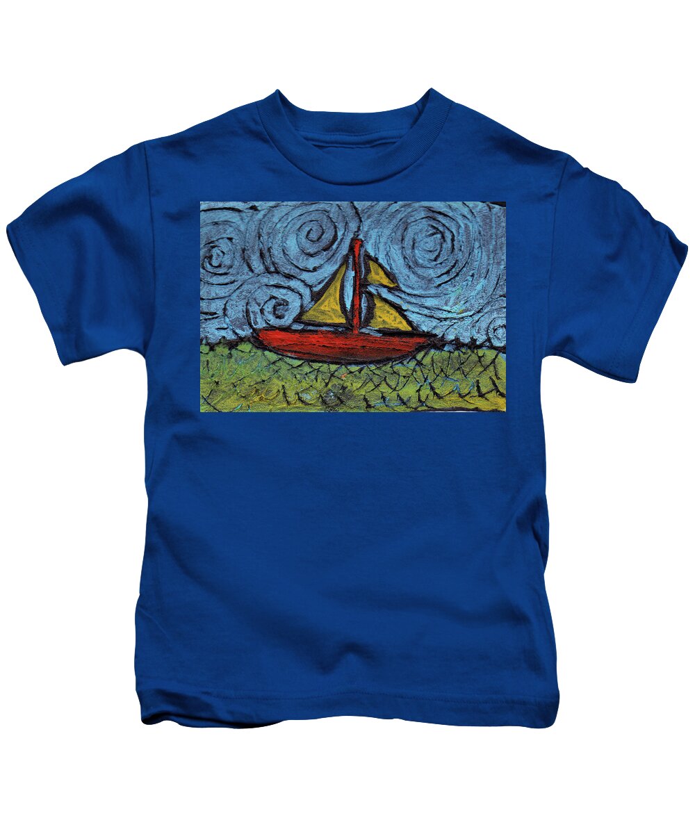 Sail Kids T-Shirt featuring the painting Small boat with yellow Sail by Wayne Potrafka
