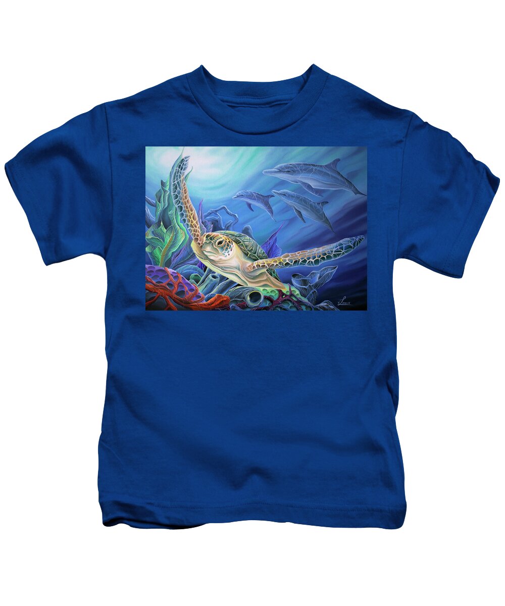 Sea Turtle Painting Kids T-Shirt featuring the painting Taking Flight by William Love