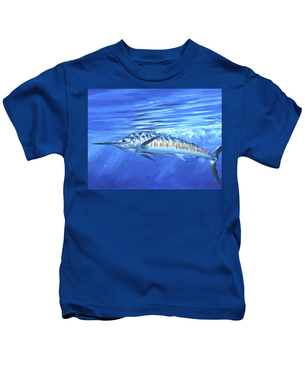 Blue Marlin Paintings Kids T-Shirt featuring the painting Taking Line by Guy Crittenden