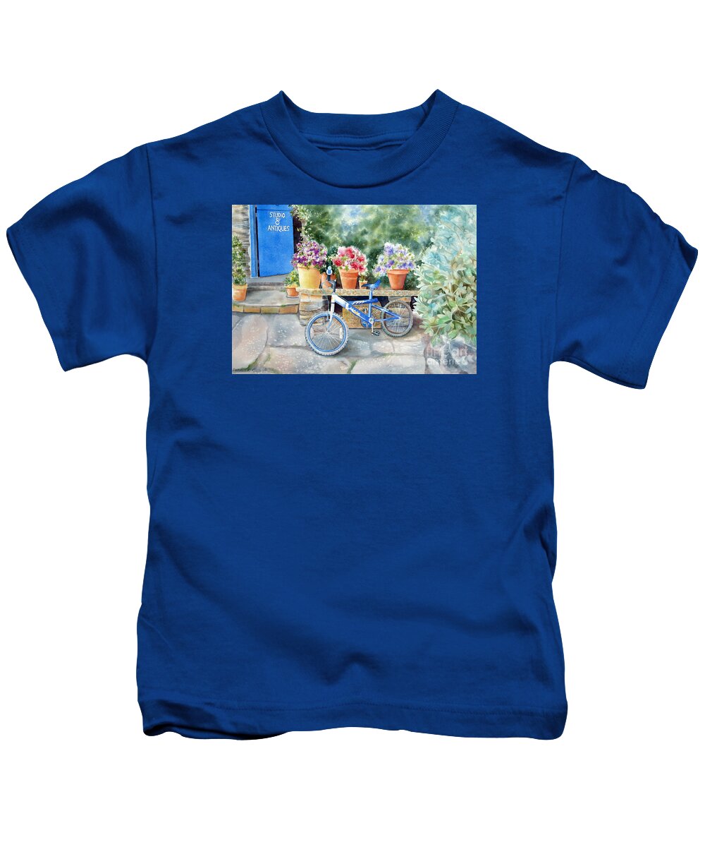  Blue Bicycle Kids T-Shirt featuring the painting The Blue Bicycle by Deborah Ronglien