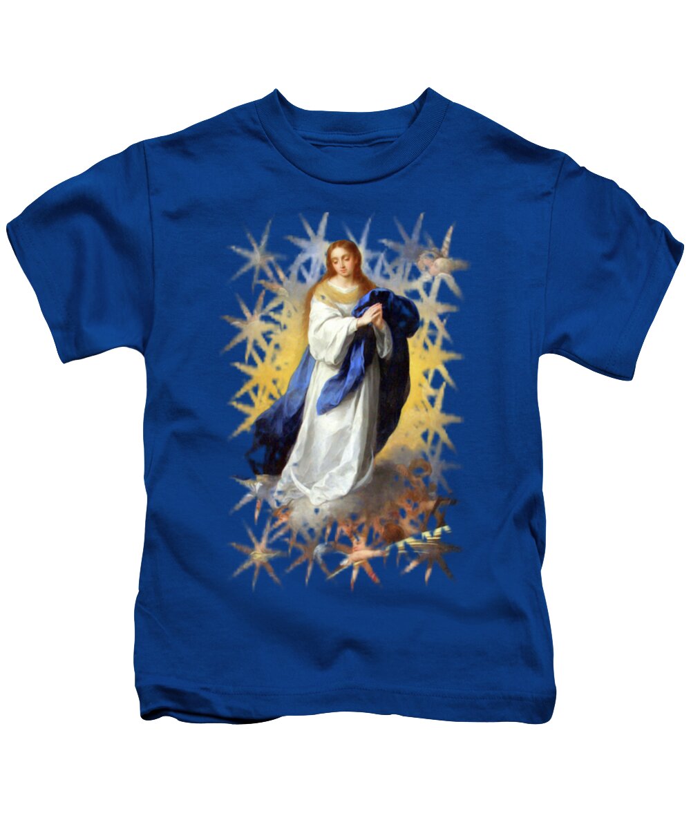 Immaculate Conception Kids T-Shirt featuring the mixed media The Immaculate Conception Virgin Mary Assumption 105 by Bartolome Esteban Murillo