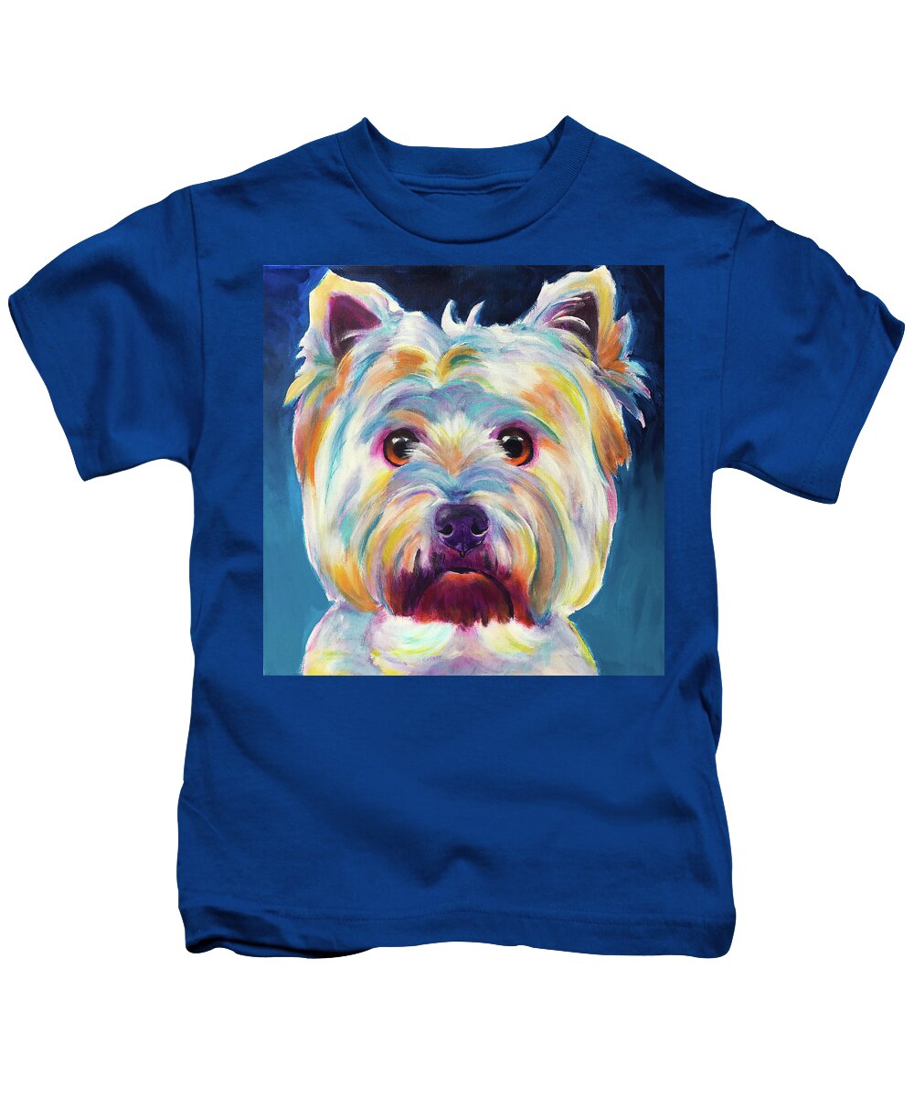 Pet Portrait Kids T-Shirt featuring the painting Westie - Chispy by Dawg Painter