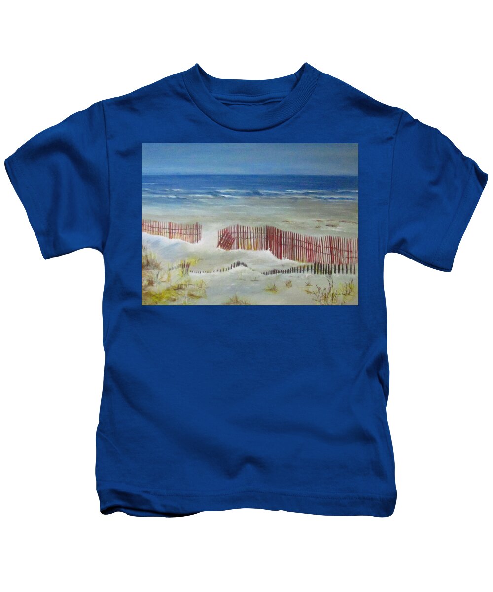 Painting Kids T-Shirt featuring the painting Beach With Red Fence by Paula Pagliughi