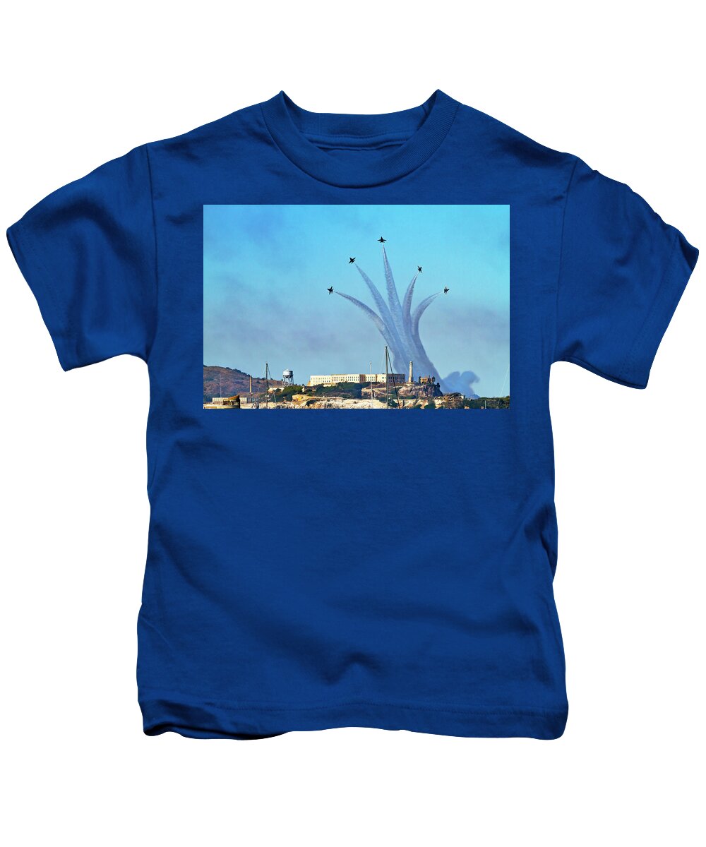 Blue Angels Kids T-Shirt featuring the photograph Blue Angels Over Alcatraz Island 2 by Bonnie Follett