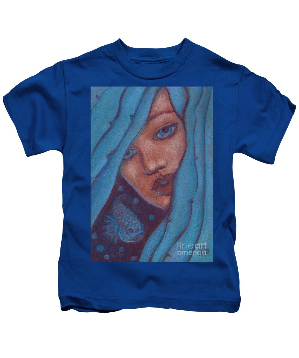 Mermaid  Fantasy Art Kids T-Shirt featuring the painting Blue Hair, Mermaid Portrait by Julia Khoroshikh