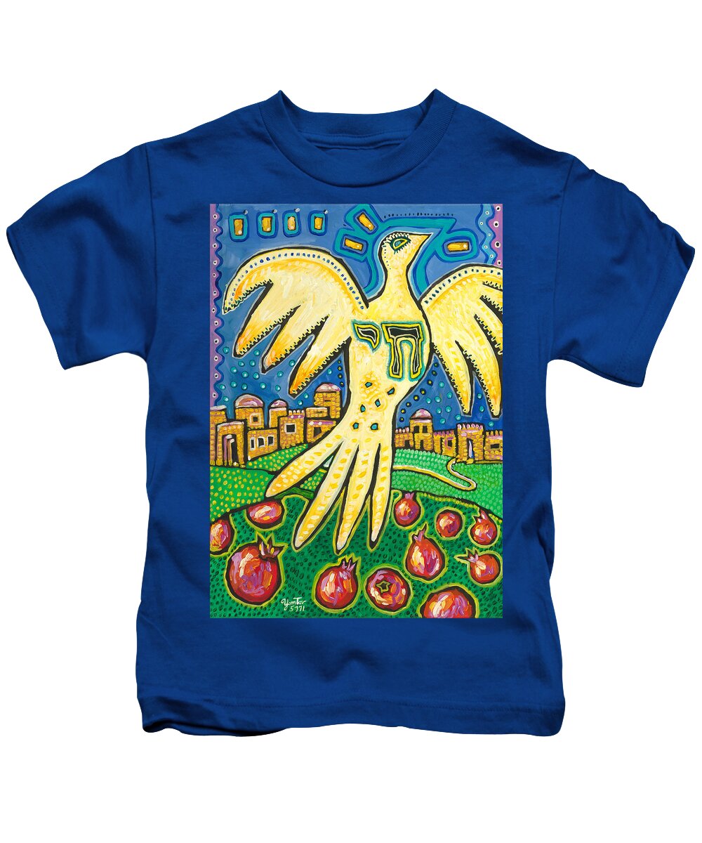 Dove Kids T-Shirt featuring the painting Dove Over Israel by Yom Tov Blumenthal
