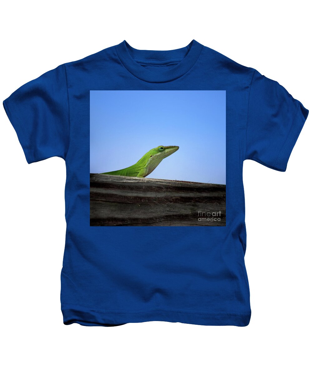 Green Anole Lizard Kids T-Shirt featuring the photograph Green Anole Lizard Square by Karen Adams