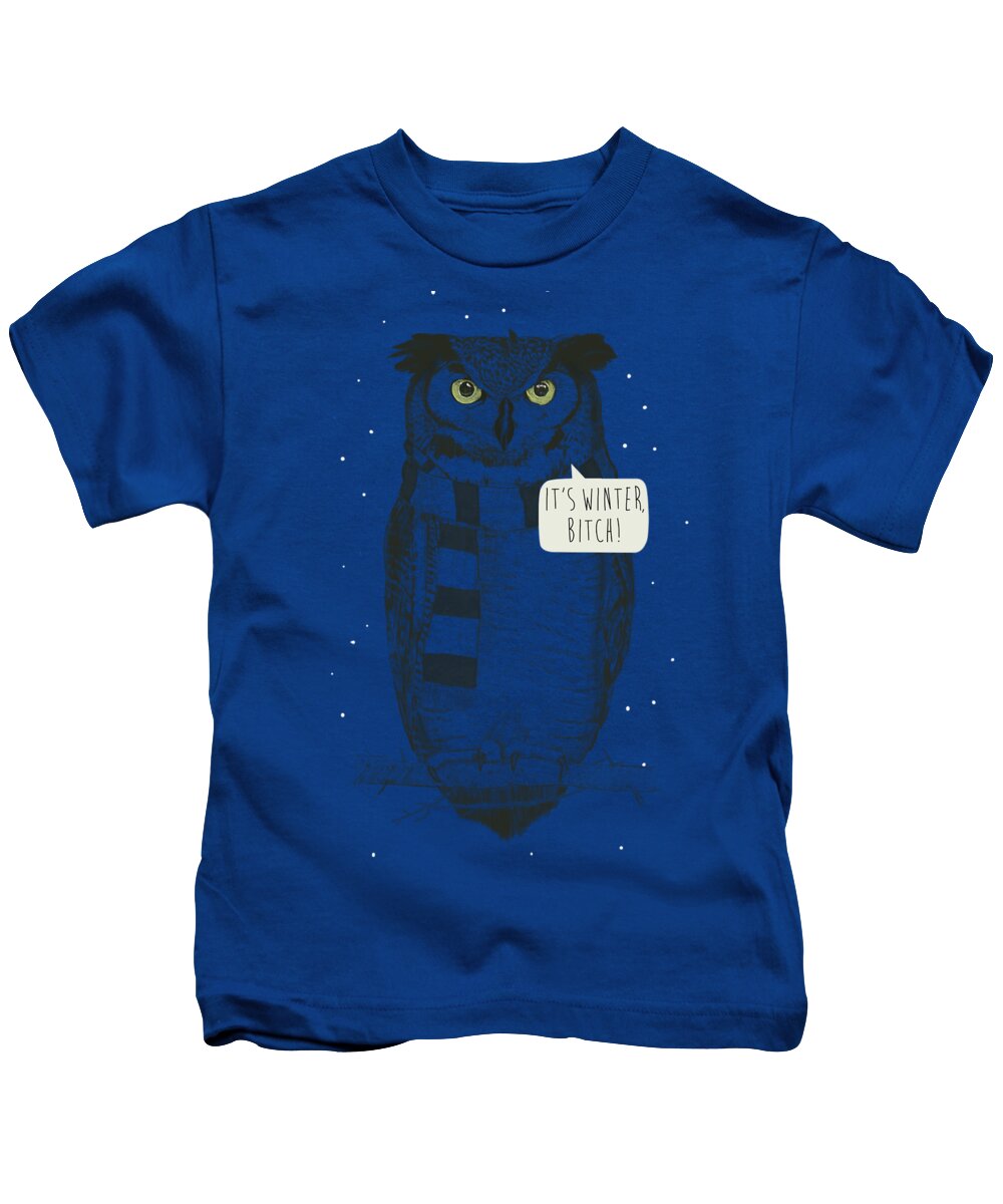 Owl Kids T-Shirt featuring the mixed media It's winter bitch by Balazs Solti