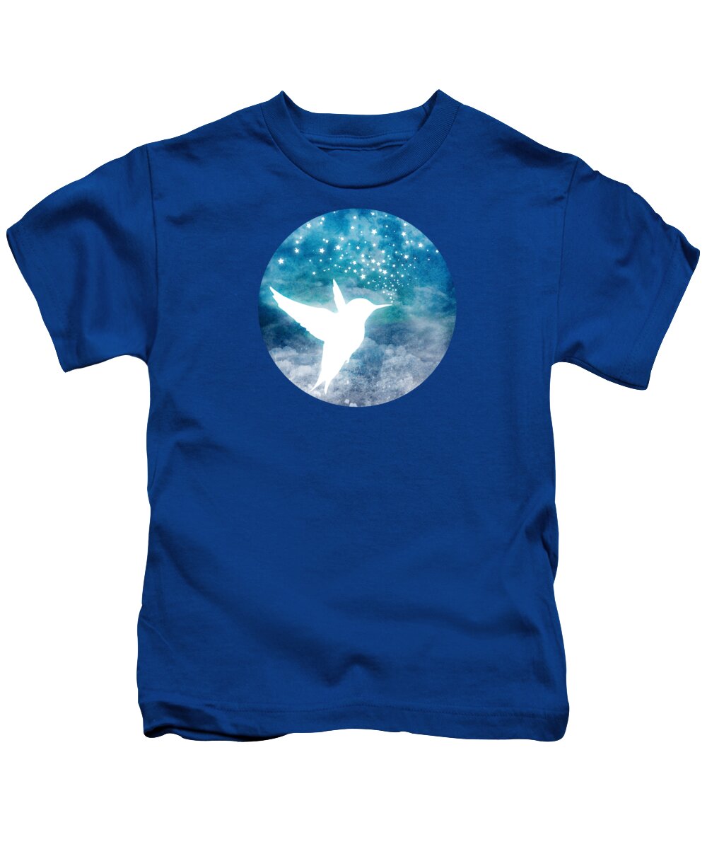 Hummingbird Kids T-Shirt featuring the digital art Magical, Whimsical Spirit Hummingbird Drinking Stars by Laura Ostrowski