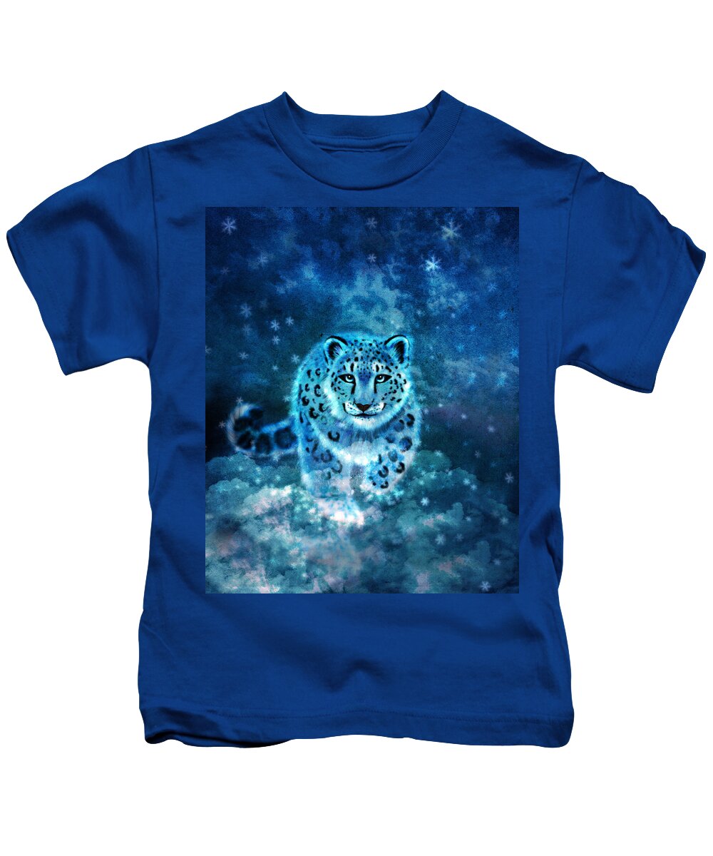 Snow Leopard Kids T-Shirt featuring the digital art Spirit Snow Leopard in Mystical Twilight Sky by Laura Ostrowski