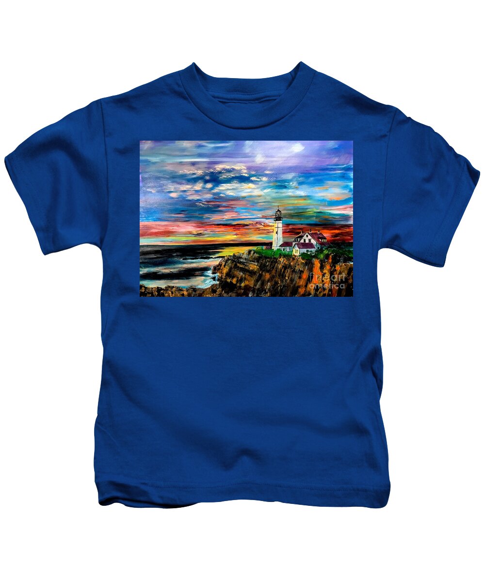 #ortlandheadlight Kids T-Shirt featuring the painting Sunrise over Portland head by Francois Lamothe