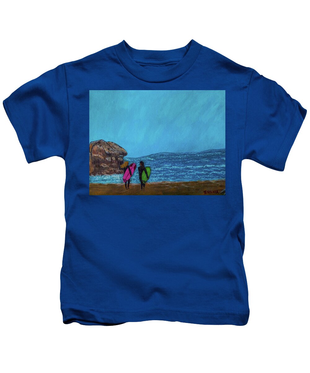 Surfers Kids T-Shirt featuring the painting Surfer Girls by Randy Sylvia