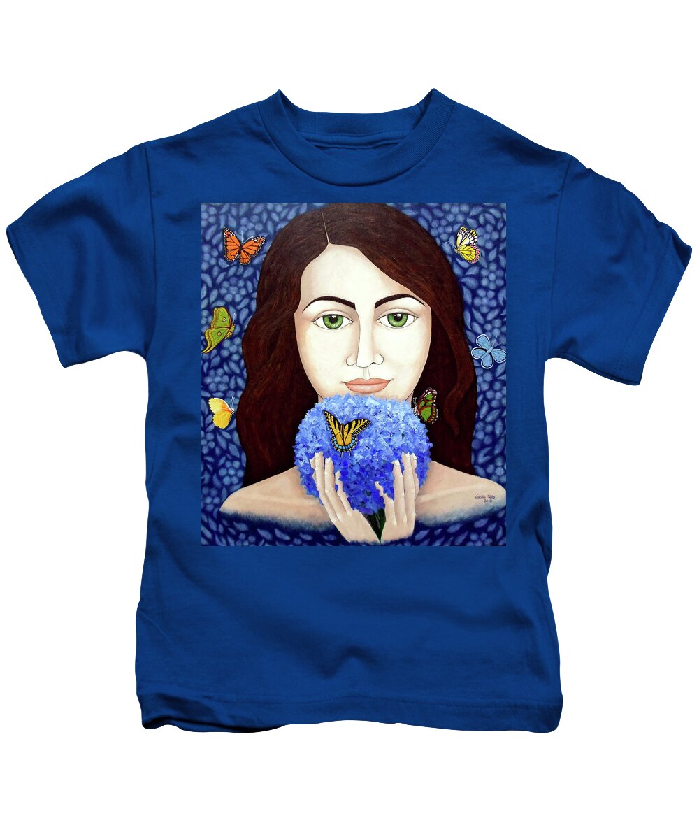 Woman Kids T-Shirt featuring the painting The woman who talks with butterflies by Madalena Lobao-Tello