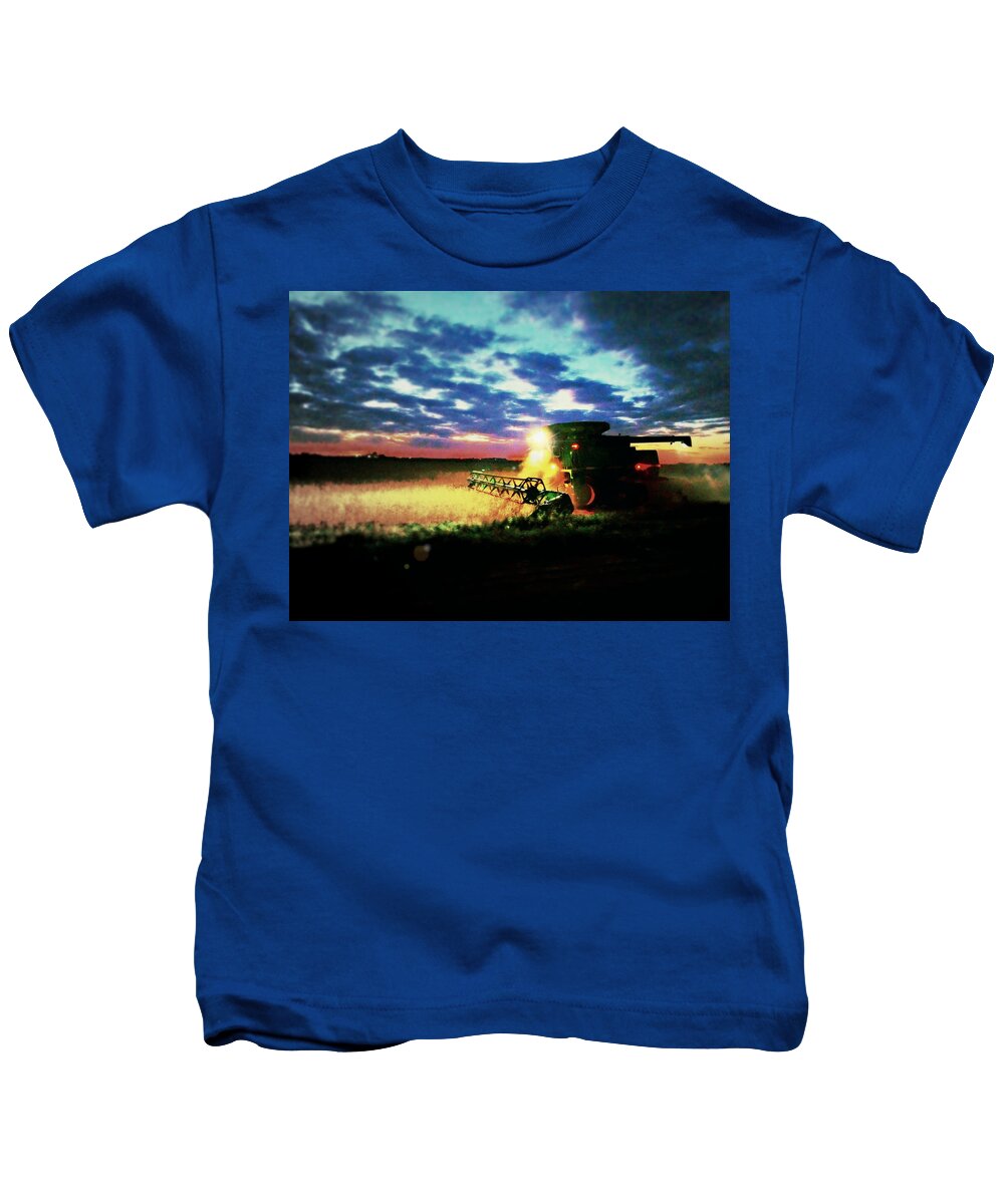 Field; Harvest; Beans; Fall; Minnesota; Fulda; Tsarts; Troystapek; Troy Stapek; Night Work; Farming Kids T-Shirt featuring the photograph There goes the beans by Troy Stapek