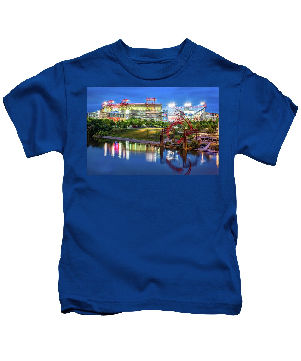 Tennessee Football Kids T-Shirt featuring the photograph Nashville's Gridiron Glory Along The River by Gregory Ballos