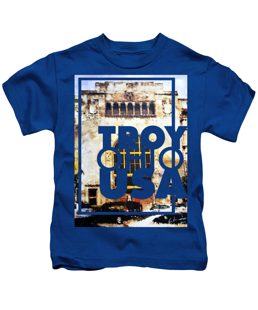 Troy Kids T-Shirt featuring the mixed media Troy National Bank by William Smith