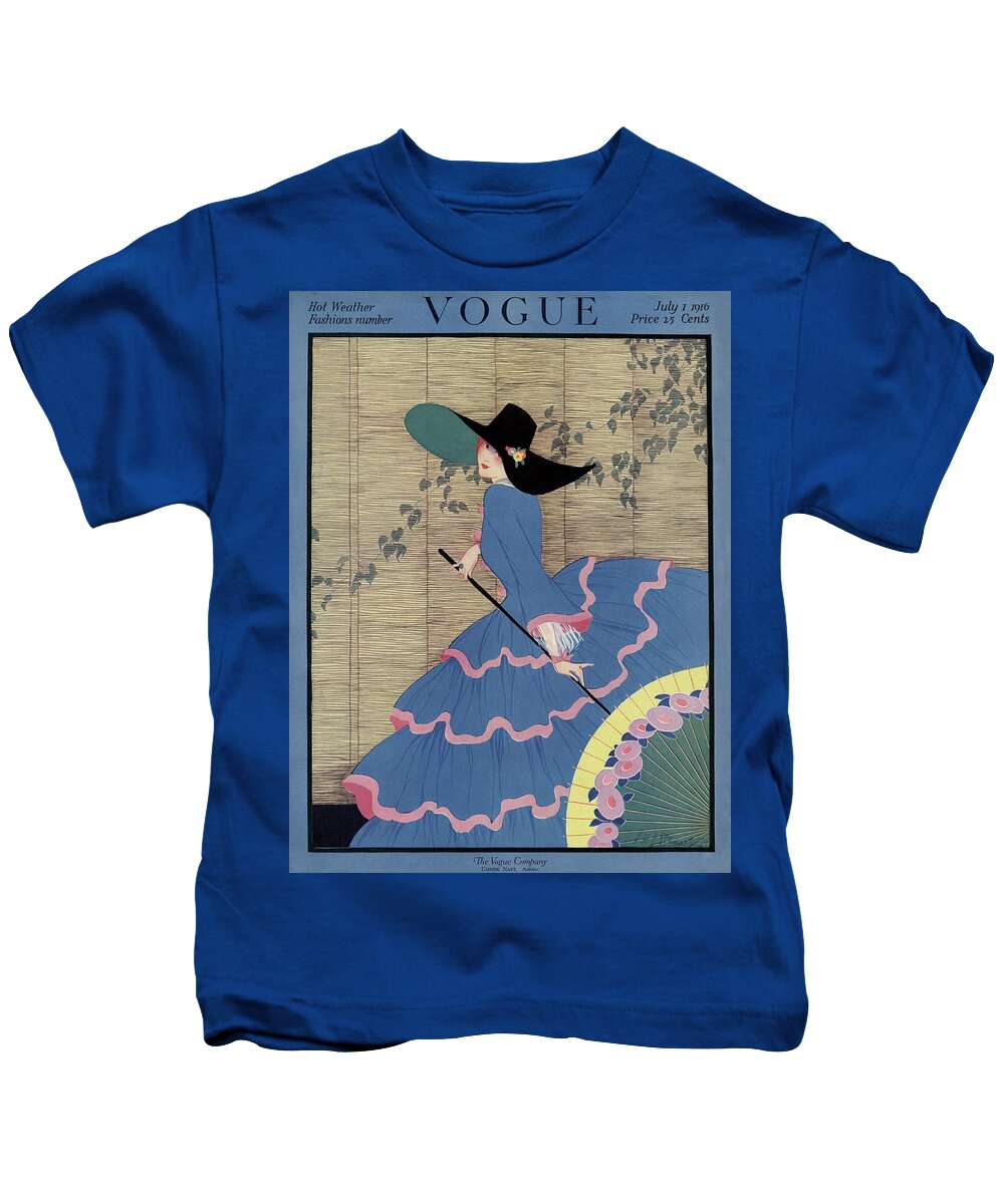 #new2022vogue Kids T-Shirt featuring the painting Vintage Vogue Cover Of A Woman In A Tiered Blue by E M A Steinmetz