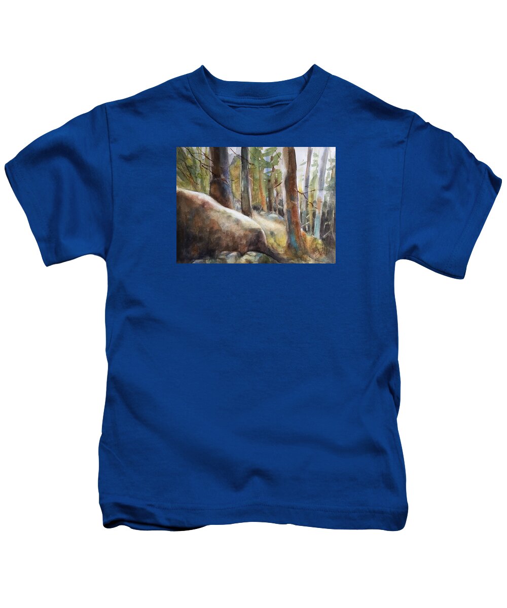 Watercolor Kids T-Shirt featuring the painting Lost in the Woods #1 by Judith Levins