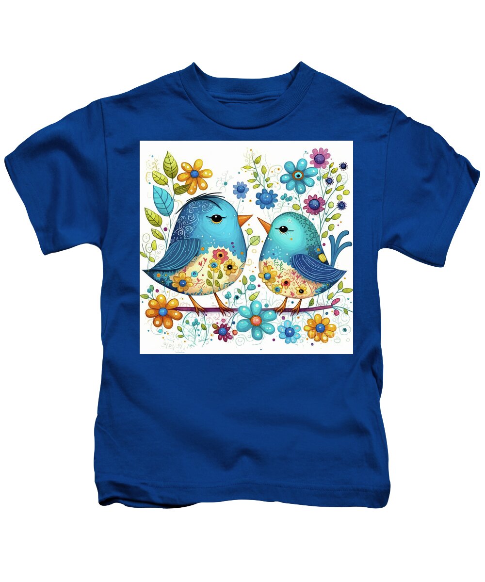Bluebirds Kids T-Shirt featuring the painting Adorable Bluebirds by Tina LeCour