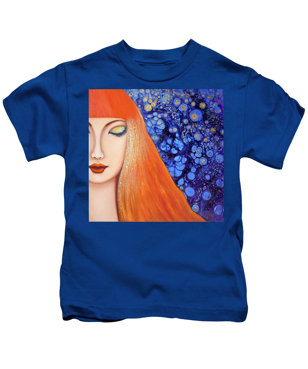 Wall Art Abstract Painting Acrylic Painting Aelita Light Of The Stars Gift Idea Blue Color Stars Woman Painting Lady Pouring Art Pouring Technique Red Hair Kids T-Shirt featuring the painting Aelita Light Of the Stars by Tanya Harr