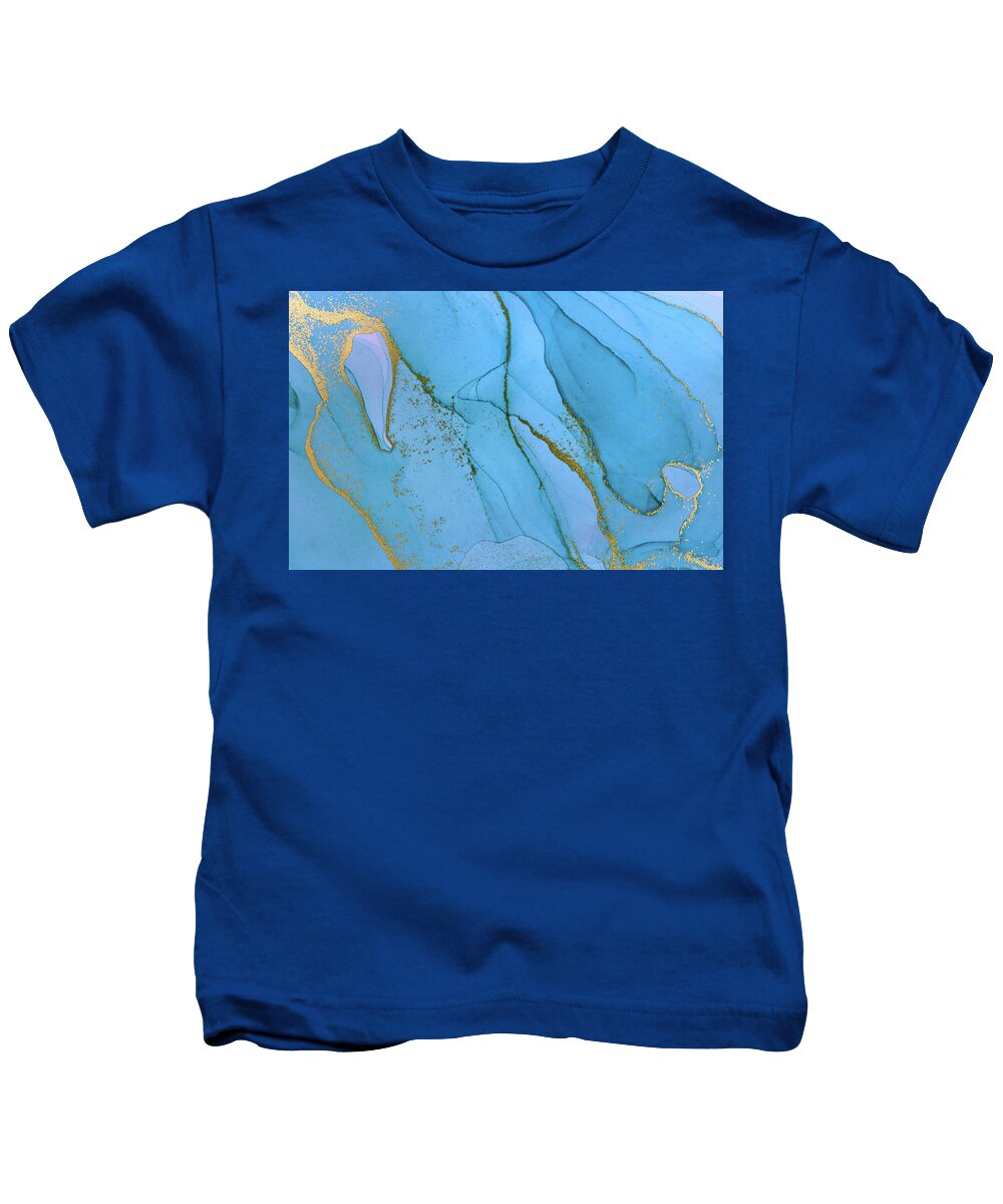 Blue Kids T-Shirt featuring the painting Alcohol ink blue and gold abstract background. Ocean style water by Tony Rubino