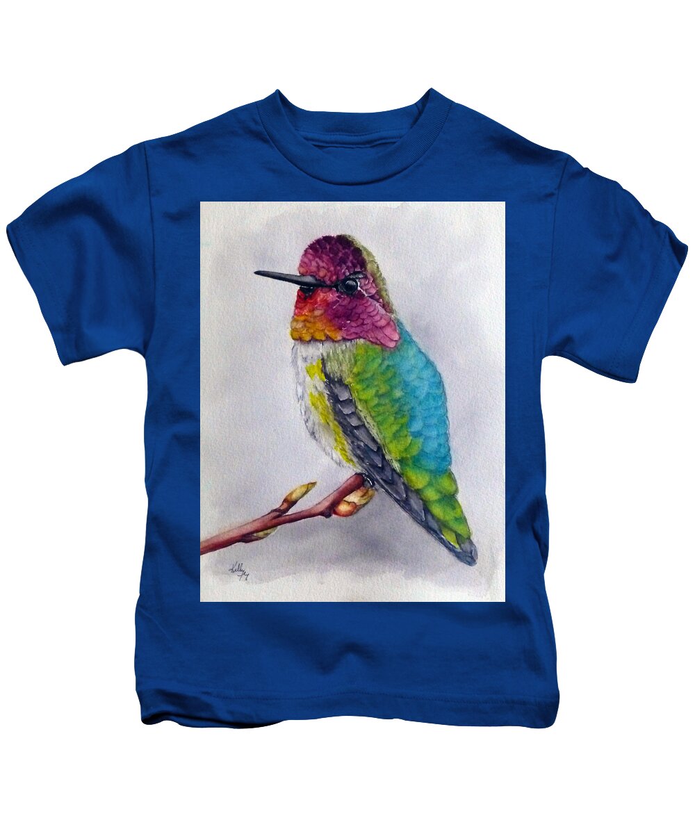 Hummingbird Kids T-Shirt featuring the painting Anna's Hummingbird by Kelly Mills