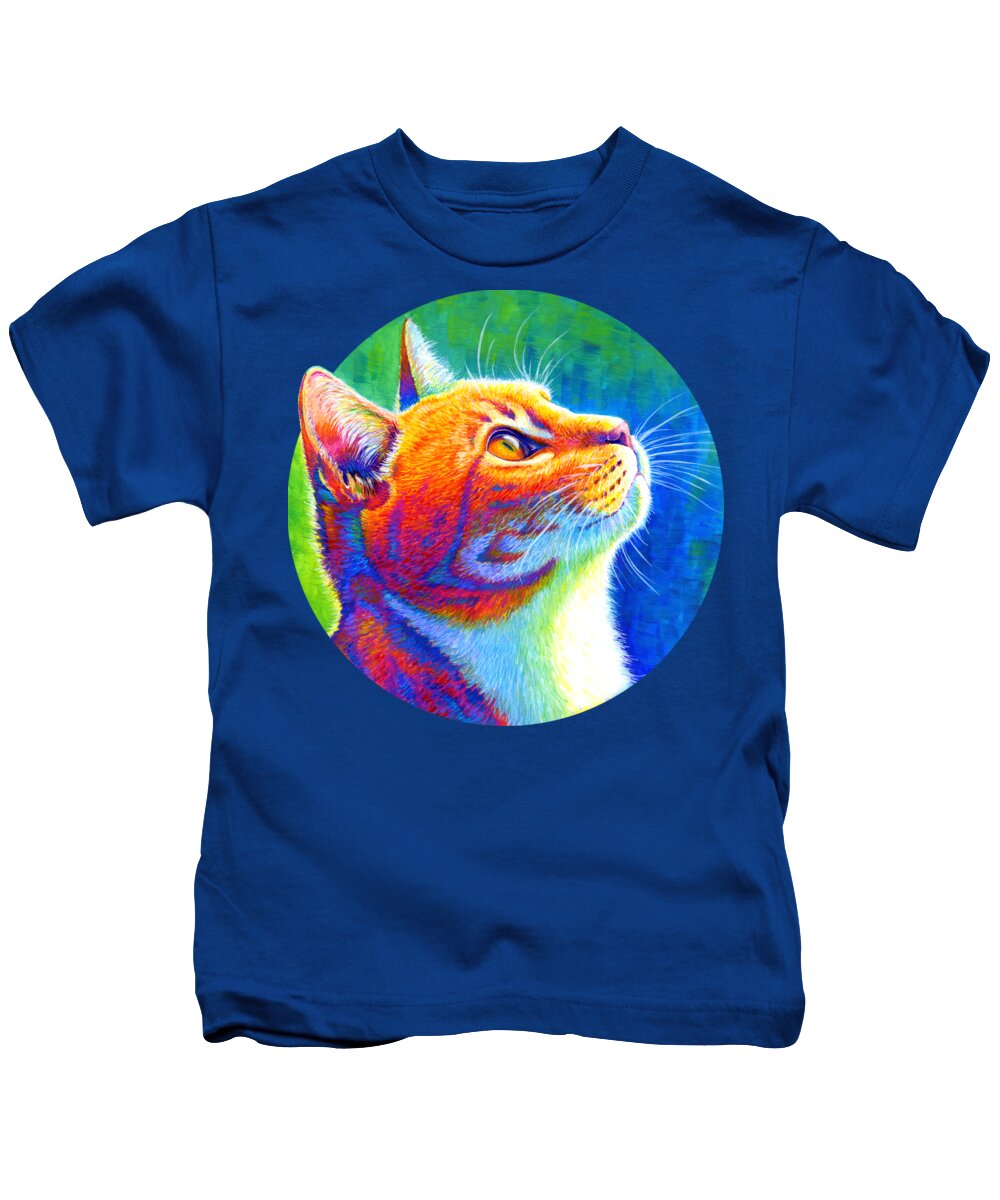 Cat Kids T-Shirt featuring the painting Anticipation - Psychedelic Rainbow Tabby Cat by Rebecca Wang
