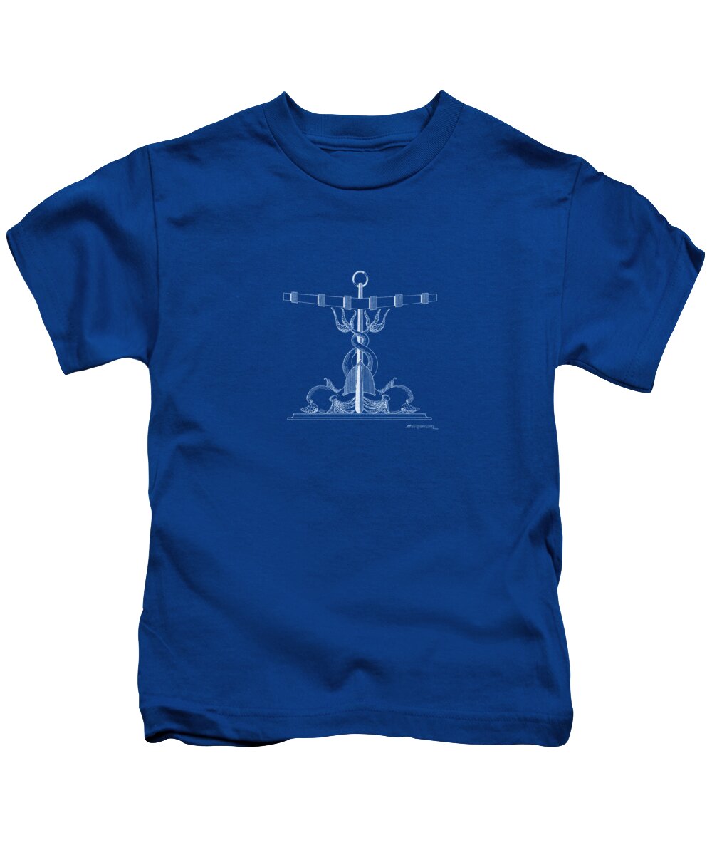 Sailing Vessels Kids T-Shirt featuring the drawing Anchor with dolphins - blueprint by Panagiotis Mastrantonis