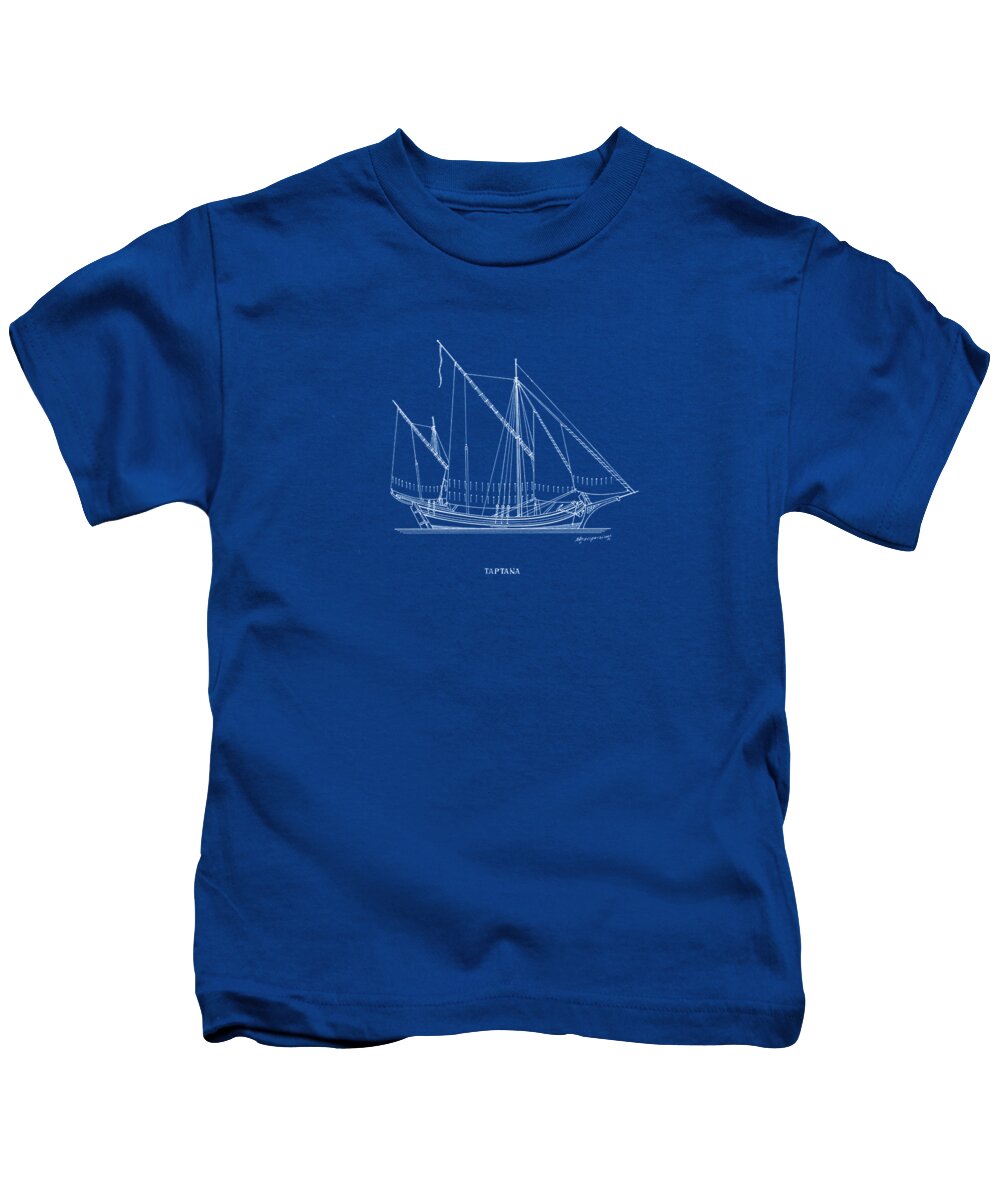 Historic Vessels Kids T-Shirt featuring the drawing Tartana - traditional Greek sailing ship - blueprint by Panagiotis Mastrantonis